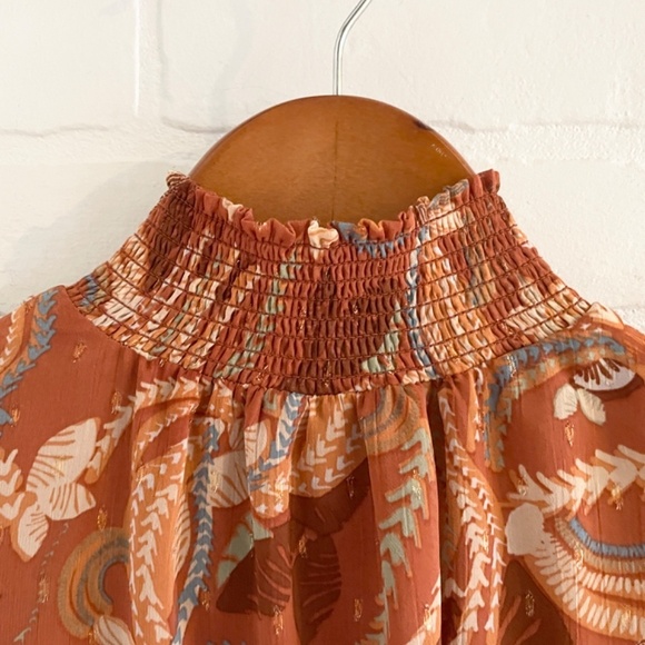 Revolve x Joie Blouse Rust Orange Metallic Floral High Neck Flounce shoulder XS - Picture 8 of 13